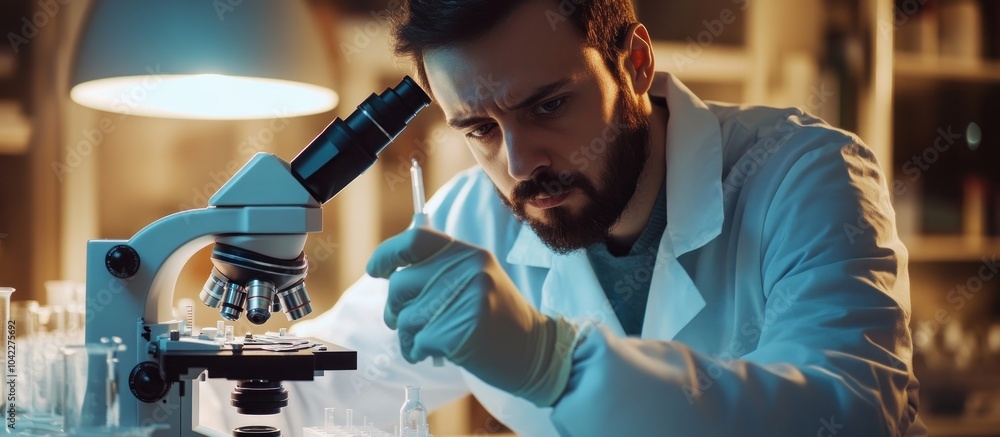 Aufkleber a scientist in a lab coat looking through a microscope.