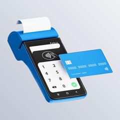 Contactless payment by credit card banking empty screen through the terminal 3d rendering on isolated white backround.