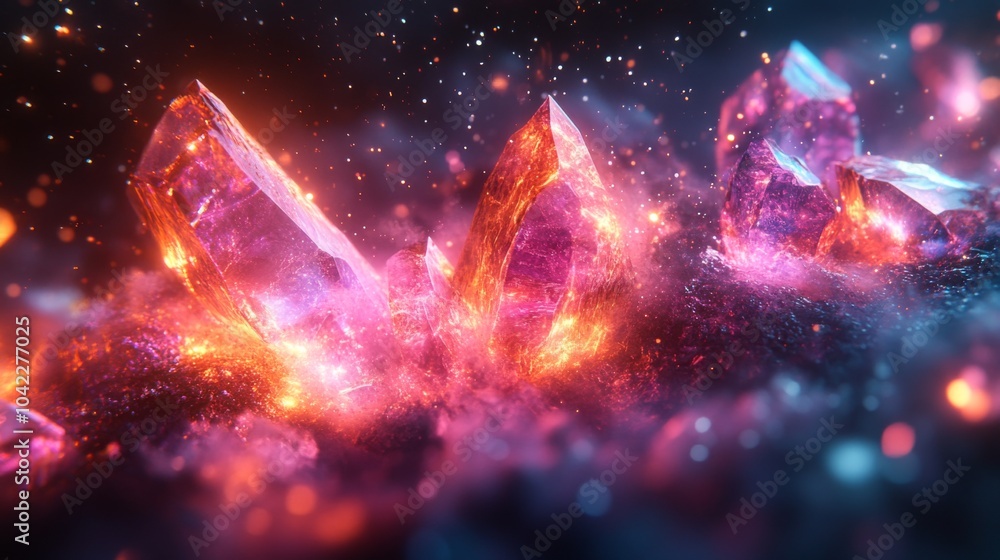 Poster colorful crystals radiate pink and orange hues as they rise from a dark surface. surrounding them ar