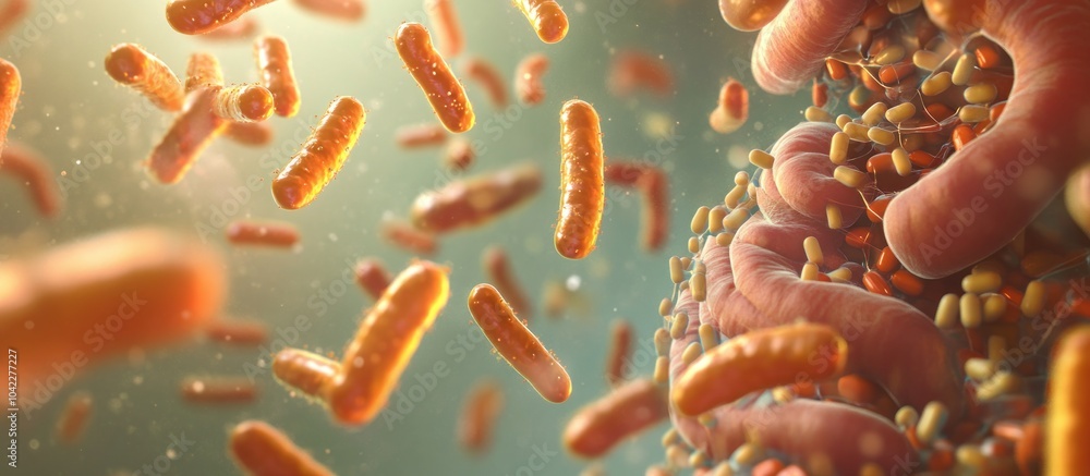 Poster close-up of microscopic bacteria floating in a fluid, with a soft-focus background.