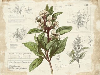 Botanical illustration of a flowering plant, showcasing detailed sketches and descriptions from historical research studies