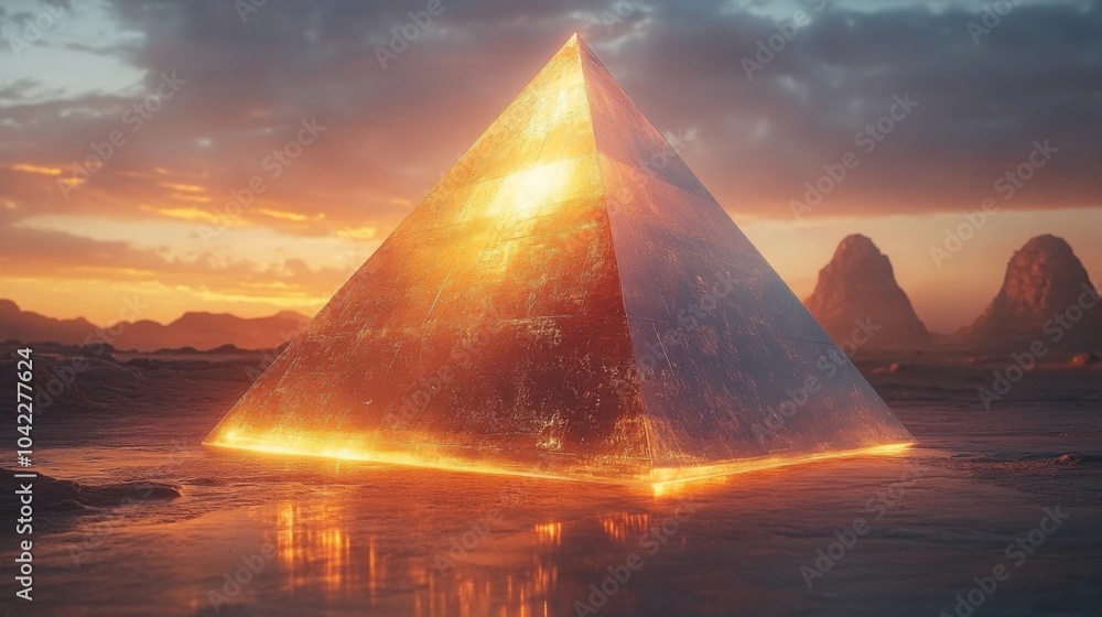 Aufkleber The glowing pyramid stands majestically on the water's surface, illuminated by a warm sunset glow, with surrounding peaks in the background creating a dreamlike atmosphere.