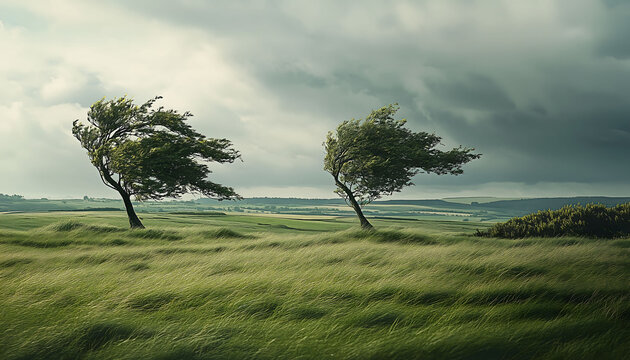 Two wind blown trees in a wide open grassy field - Powered by Adobe