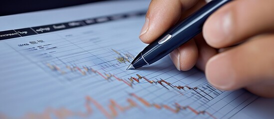 Closeup of a hand writing on a financial report with a pen.