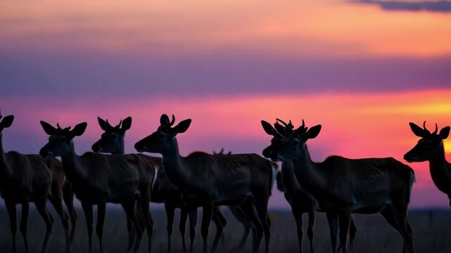 Sunset hues ke saath silhouetted deer, glowing pink.