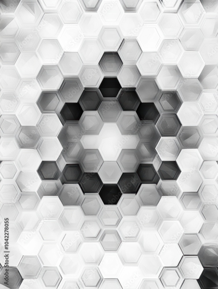 Fototapete Layered hexagons in various shades form a gradient effect, creating a visually striking geometric design focused at the center. Generative AI