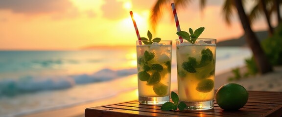 Chilled mojitos with mint leaves served on a beach lounge with a sunset background