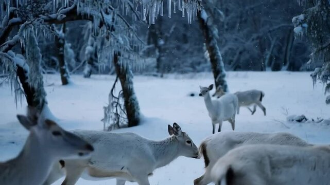 Frosty winter scene ke white deer, aur shimmer snowflakes.