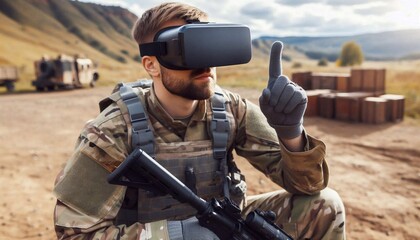 Fototapeta premium A soldier puts on virtual reality goggles during training at an open training ground during the day.