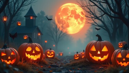 Free space in the middle, surrounded with Halloween stuff eerie fog, floating jack-o-lanterns, haunted shadows, copy space