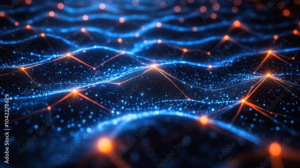 Poster The artwork features dynamic digital waves in shades of blue and orange, creating a mesmerizing pattern that conveys energy and depth against a dark background.