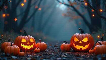 Fototapeta premium Free space in the middle, surrounded with Halloween stuff dark pumpkins, glowing orbs, haunted mist, copy space