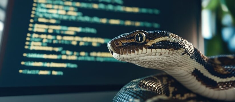 A close-up of a python's head looking to the right. In the blurred background is a computer screen with code.
