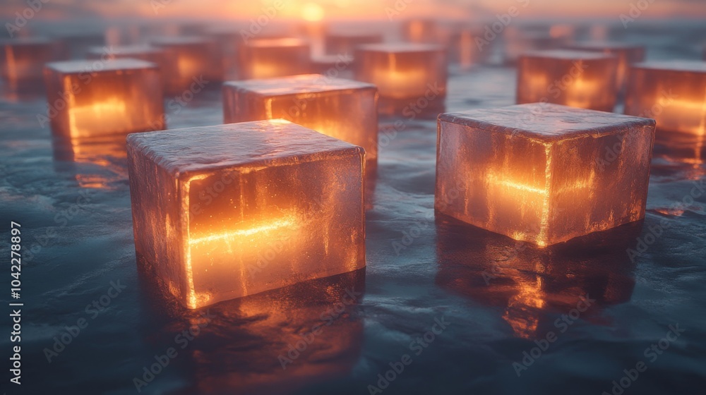 Poster glowing ice cubes hover above dark waters at sunset, casting a warm light that contrasts beautifully