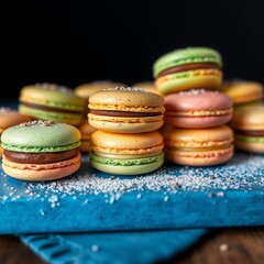 colorful macaroons on wooden background