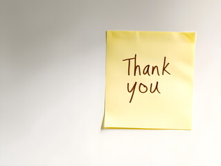 A yellow sticky note with the words "Thank You" written on it in black marker, isolated on a white background. Good for saying thanks and goodbye.