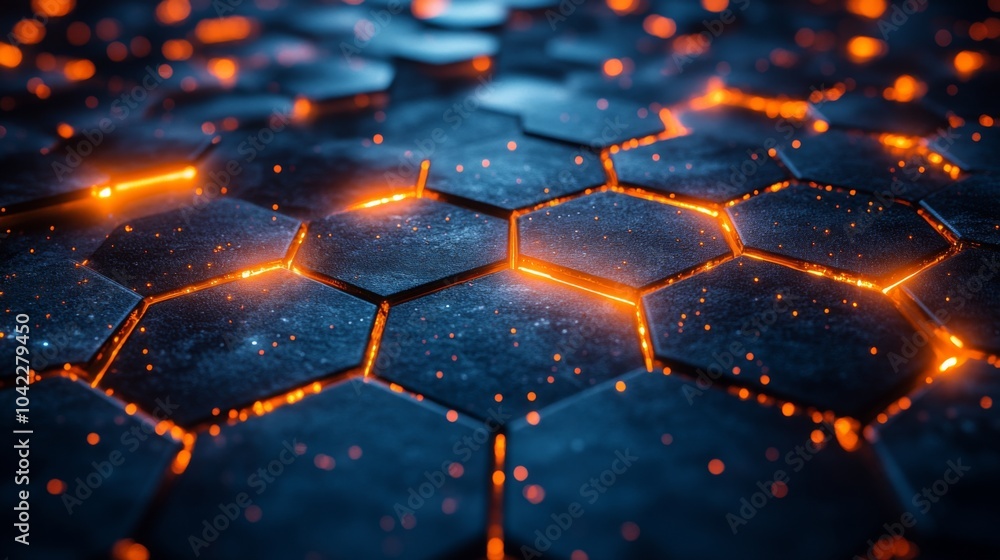 Poster The ground features a pattern of hexagonal tiles with glowing edges, radiating a warm orange glow that resembles molten lava, creating a captivating contrast against the dark backdrop.