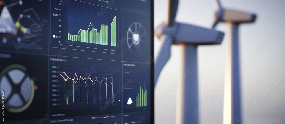 Aufkleber close up of a computer screen displaying graphs and charts, with wind turbines in the background.