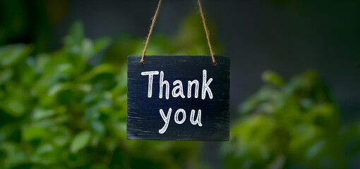 Wooden sign on a rope with the word "Thank you" against the background of a green greenhouse with plants, ideal for thanking a customer upon purchase