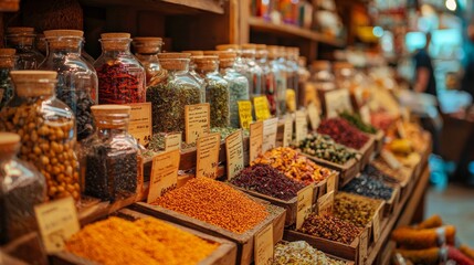 Spices in Glass Jars at Traditional Market