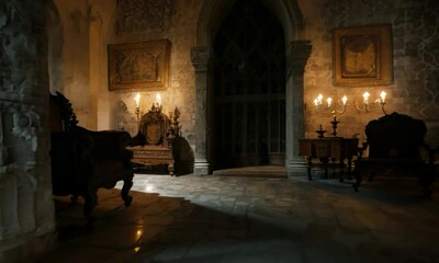 Dolly shot with flickering light: The camera starts in a dark Gothic corridor lit by flickering light. The camera dollies forward, showcasing cobweb-covered artifacts and shadowy, old furniture. - Powered by Adobe