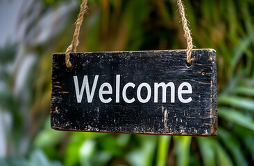 Wooden sign on a rope with the word "Welcome" against the background of a green greenhouse with plants, ideal for business and hospitality places.