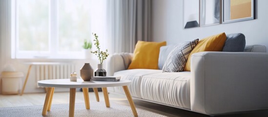 Modern living room interior with a white sofa and coffee table, yellow and gray pillows, and a plant in a vase.