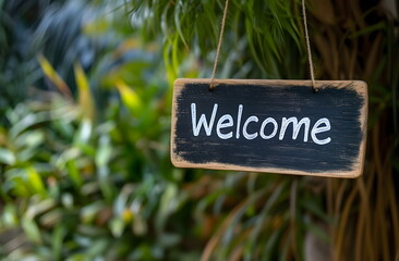 Wooden sign on a rope with the word "Welcome" against the background of a green greenhouse with plants, ideal for business and hospitality places.