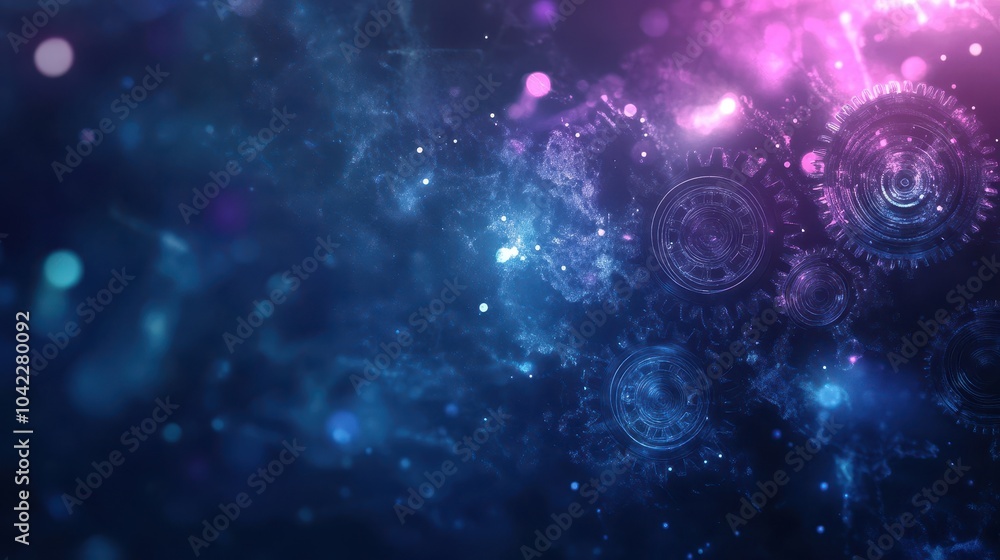 Wall mural futuristic backdrop of intricate gears glowing softly in a dark space environment with lights