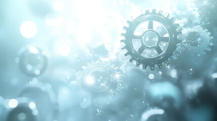 Glass-like glowing gears in a misty background with soft silver gradients and glitch effects