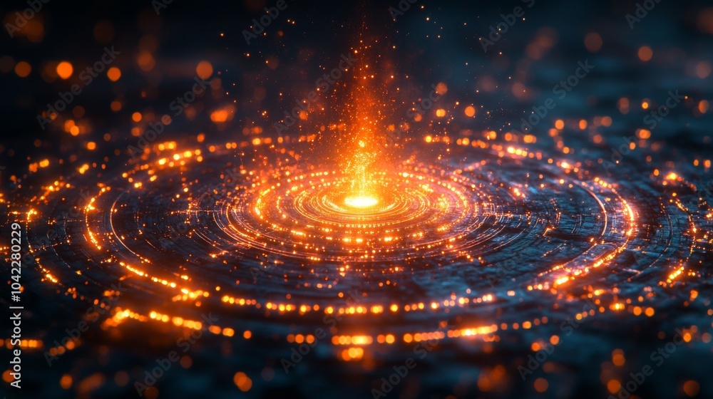 Poster Bright, glowing circular patterns radiate from a central point, surrounded by sparks of light against a dark background, creating a mesmerizing display of energy and movement.
