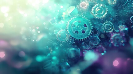 Obraz premium Glass-like gears glow in a blurry turquoise-violet background with ethereal light beams