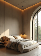 curved minimalist design earthy tones natural light bedroom concrete walls natural