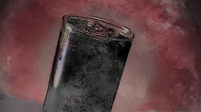 Watercolor Painted Cola Soda Splashing in Ice