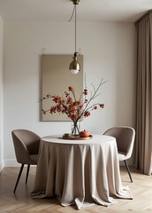 minimal dinnig room decor luxurious autumn decoration dried fall flowers cold colours soho