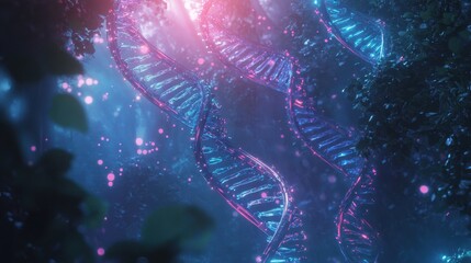 Fototapeta premium Translucent DNA helix structures glow softly in a misty backdrop with liquid-like textures and neon light trails