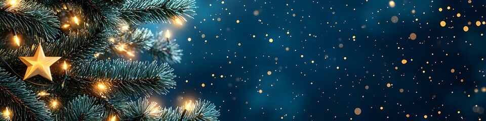 Fototapeta premium Close-up Christmas tree on dark blue background with falling snow. Christmas and New Year celebration. Winter holiday decoration. Banner, greeting card with copy space