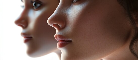 Close-up of two women's faces, side profile, looking away, soft light.