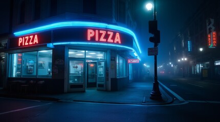 A foggy night at an empty pizza restaurant with neon signs glowing beneath dim lighting
