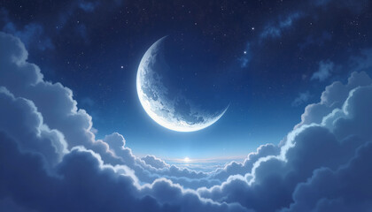 Fototapeta premium Majestic crescent moon over soft clouds in starry night sky