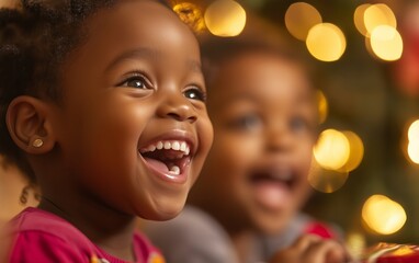 Naklejka premium A delightful scene of two children laughing with glowing bokeh lights behind them, encapsulating pure joy.