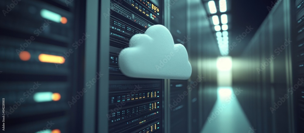 Poster white cloud icon attached to server racks in a data center.