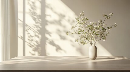 Obraz premium Neat dining table with sunlight casting shadows ample space for text on the wall