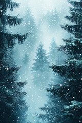 Winter forest scene with softly falling snowflakes, creating a serene and tranquil atmosphere. Perfect for winter and Christmas backgrounds.