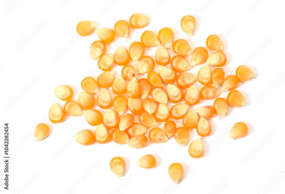 Poster Pile of fresh corn kernels on white background, flat lay