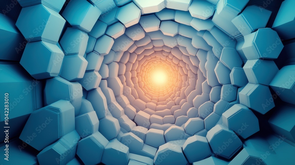 Aufkleber layered hexagons create a dynamic composition, leading the eye toward a central light source within 