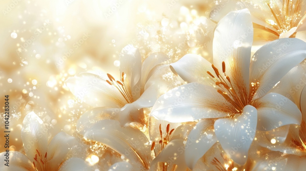 Poster Wallpaper of lily petals glowing in sunlight with soft beige background and light flares