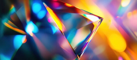 Abstract colorful background with glass pyramid refracting light, creating vibrant geometric patterns.