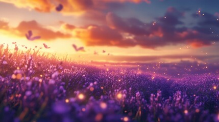 Lavender fields stretching to the horizon bathed in golden-hour light with blurred bokeh effects