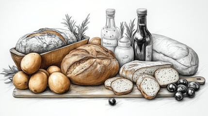 Bakery Still Life Sketch Style Vector Illustration in Red and White Tones